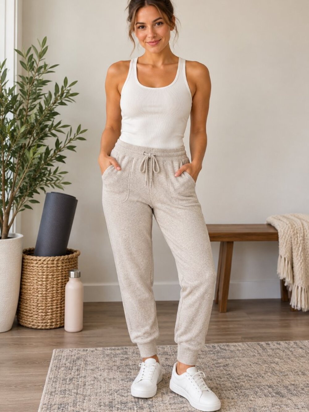 Jane + Delancey Jogger Pants Womens Small Oatmeal Taupe Cozy Lounge